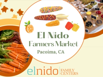 Pacoima Farmers Market logo with fresh vegetables and pastries.