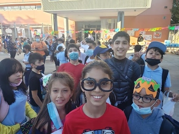 A group of students taking a group photo.
